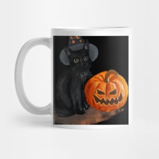 Halloween Cat with Scary Orange Pumpkin and Party Hat Mug